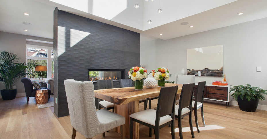 designer fireplace and dining